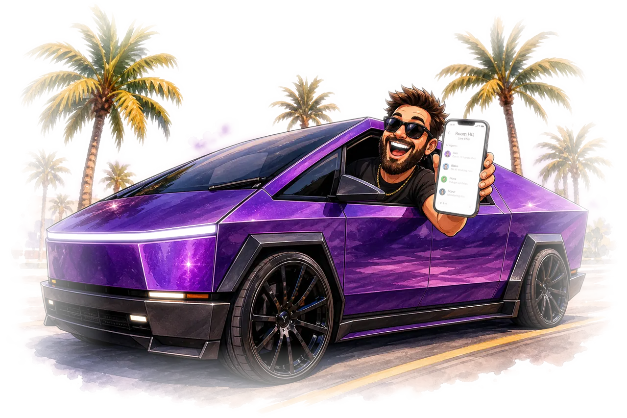 Worlds best boss cruising in a purple Cybertruck, running the team from Roam HQ on his phone