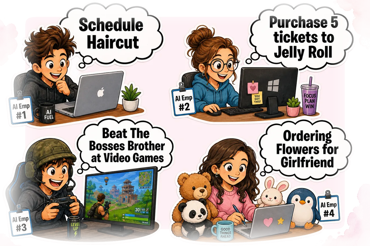 Four AI employees: Schedule Haircut, Jelly Roll tickets, Beat The Bosses Brother at Video Games, Ordering Flowers for Girlfriend