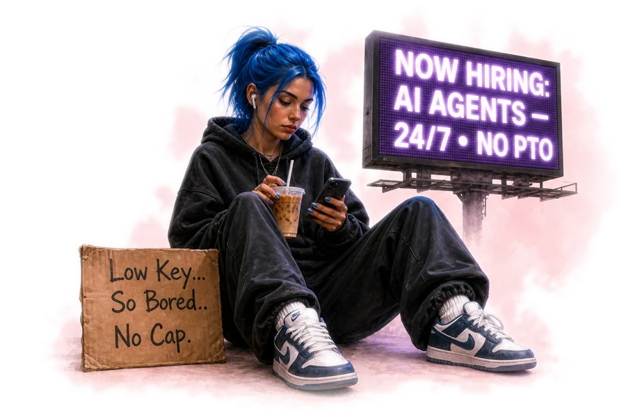 Human co-worker with blue hair, iced coffee and Nikes, looking at her phone. Sign: Low Key So Bored No Cap.